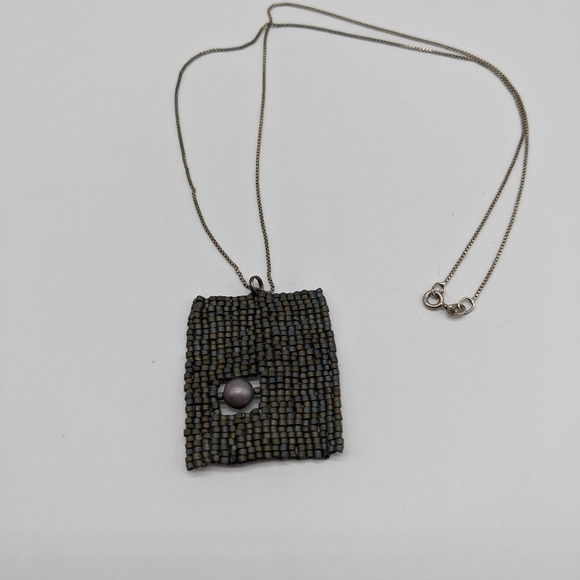 Handmade Oil slick Glass Bead and Pearl Pendant on Sterling Silver Chain - Picture 3 of 4